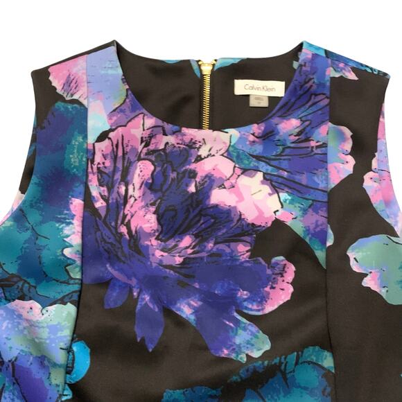 Calvin Klein Womens Dress Sz 10 Scuba Feel Black Blue Purple Sheath Knee Length - Picture 4 of 14